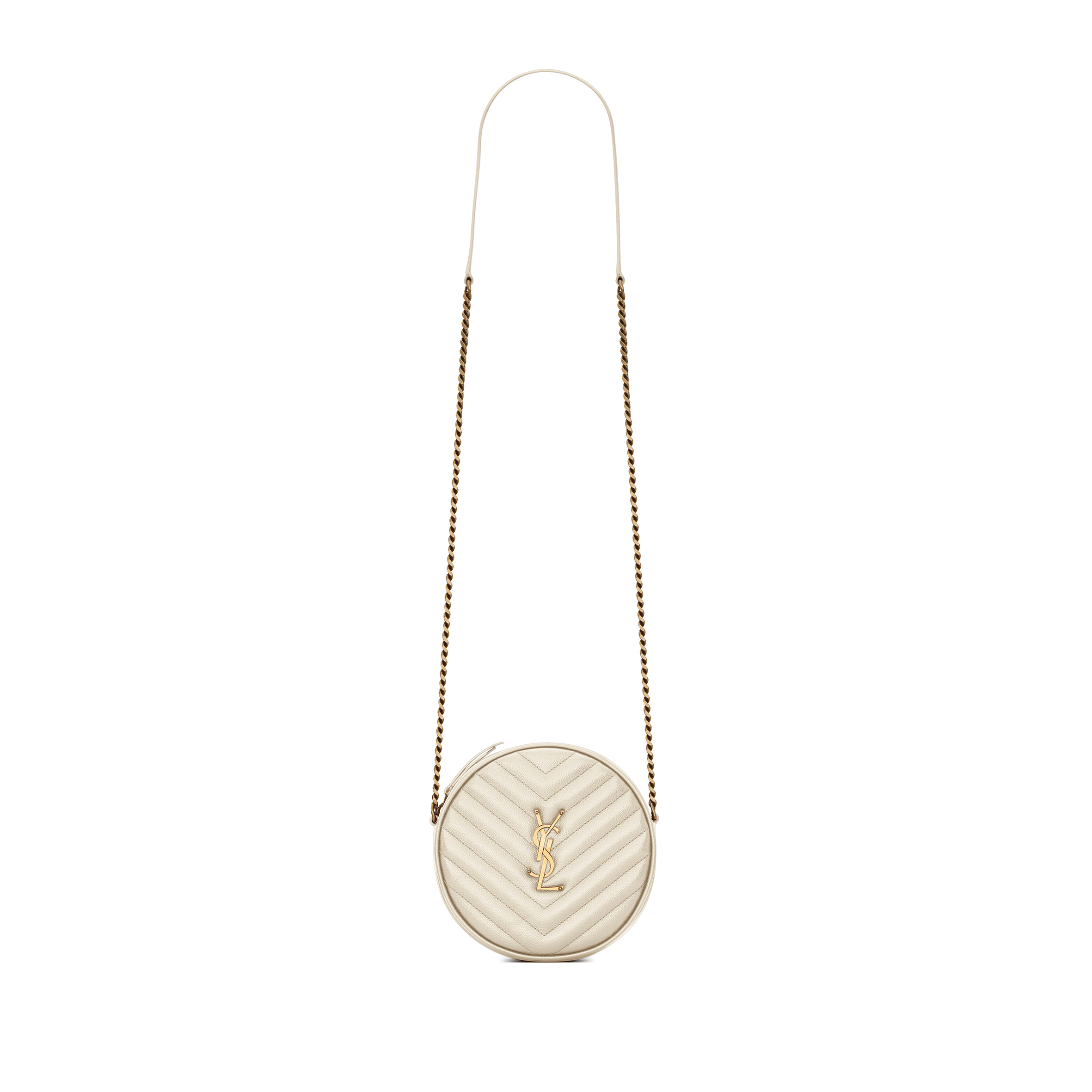 YSL VINYLE ROUND CAMERA BAG IN CHEVRON-QUILTED GRAIN DE POUDRE EMBOSSED LEATHER 6104361GF079207 (17*17*5.5cm)